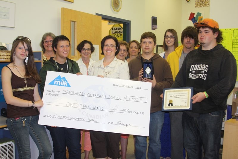 Last Wednesday, Barrhead Outreach School received a $1,000 cheque from Alberta Milk. Pictured left to right are Shelly Bartier, PA Jane Chapman, Amanda Todd, FCSS &#8216;s