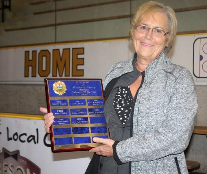 Winning smile: Elaine Timm with the Rosemary Empey Volunteer of the Year award after last Wednesday &#8216;s Volunteer Appreciation and Awards Night at the Agrena. Timm was