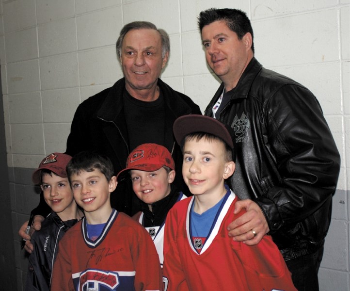 Habs legend Guy Lafleur (back row, left) poses with fans Ethan deChamplain, Rejean Baril, Ryan deChamplain, Christian Baril and Ken Baril.