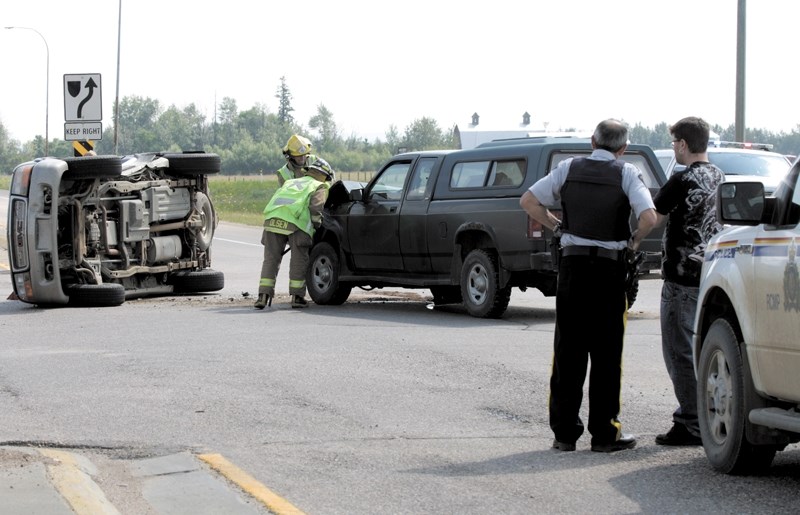 Westlock RCMP, fire and EMS were at the Clyde corner on Friday morning to respond to a two-vehicle collision. No one was seriously hurt in the collision, but the intersection 