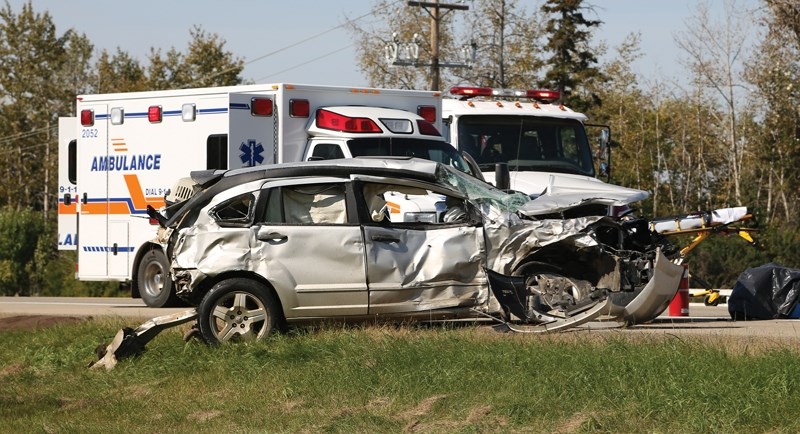 A 49-year-old woman was sent to hospital in Edmonton following a three-vehicle collision on Highway 18 on Saturday. Police say an SUV (pictured) was rear-ended and pushed