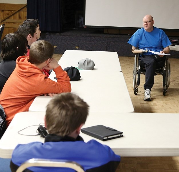 Double amputee Dean Krawec speaks to Grade 9 PARTY Program students at the Westlock Legion on Feb. 11. Krawec lost his right arm and left leg in a workplace accident when he