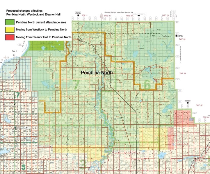 This maps show the proposed changes to the attendance areas of Pembina North Community School. Pembina Hills Public Schools’ trustees will gather public input on these