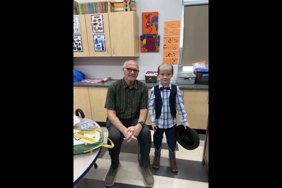 Nash Eggli went to extreme measures in shaving the top of his head for the 100 Days Smarter event at Busby School on March 11. L-R Rick Mueller and Nash Eggli. Photo supplied. Sandy Doucet/Westlock News