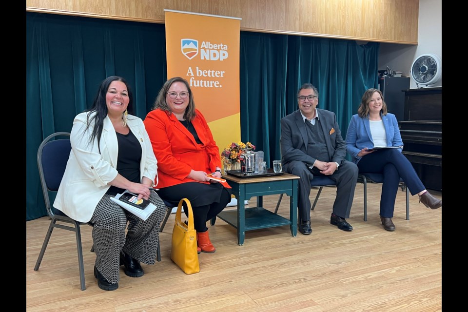 (L-R) Jodi Calahoo Stonehouse, Sarah Hoffman, Naheed Nenshi and Kathleen Ganley brought NDP supporters into Athabasca from all across the northeast May 15.
