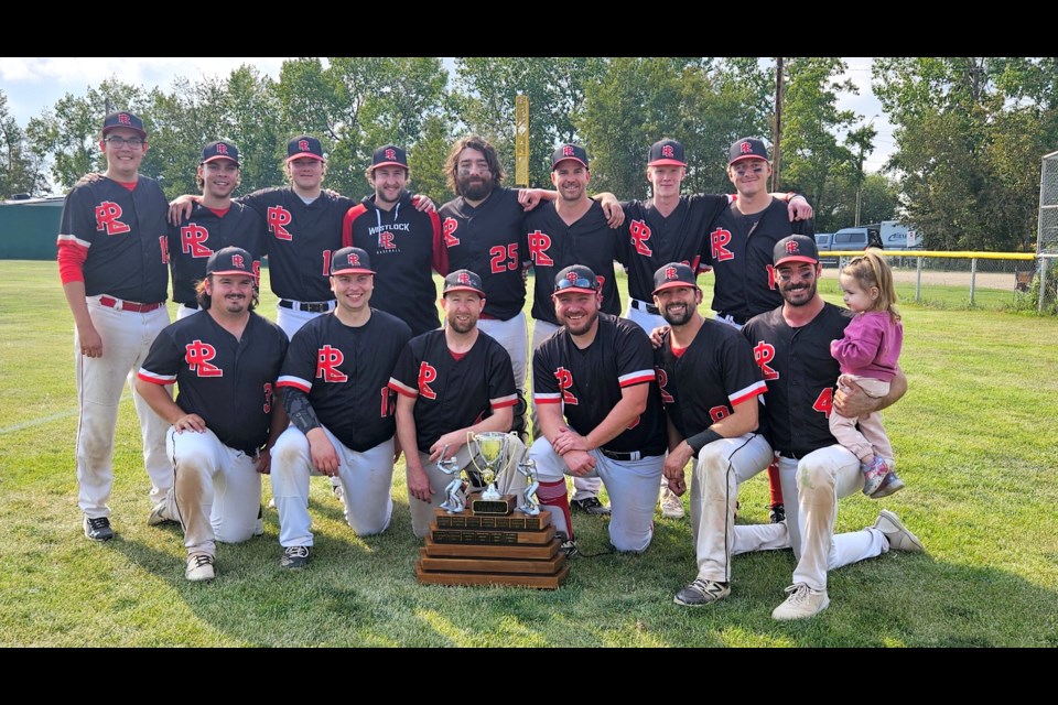 The Westlock Red Lions won their 19th NCABL title and championship, at home on Keller Field Aug. 24 after posting consecutive 13-6 and 1-0 victories over the Parkland Twins. Posing with the NCABL championship trophy are back row L-R:  Corson Hanlan, Derek Lofstrand, Teron Callihoo, Carter Hagel, Jared Lamb, Steve Cote, Isaac Edwards, and Leyton Sharrun. Fron row are L-R: Travis Wagner, Nate Day, Dordan Brand, Sean Beaudoin, Chris Brand and Hayden Chies. Missing from the photo is Allen Borle and Nathan Brown. Kristine Jean/WN 