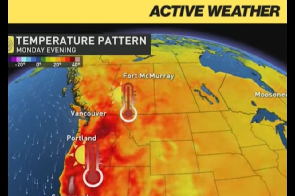 Heat wave is being pushed in Alberta by US high pressure bringing in plus 30 degrees days in the next week.