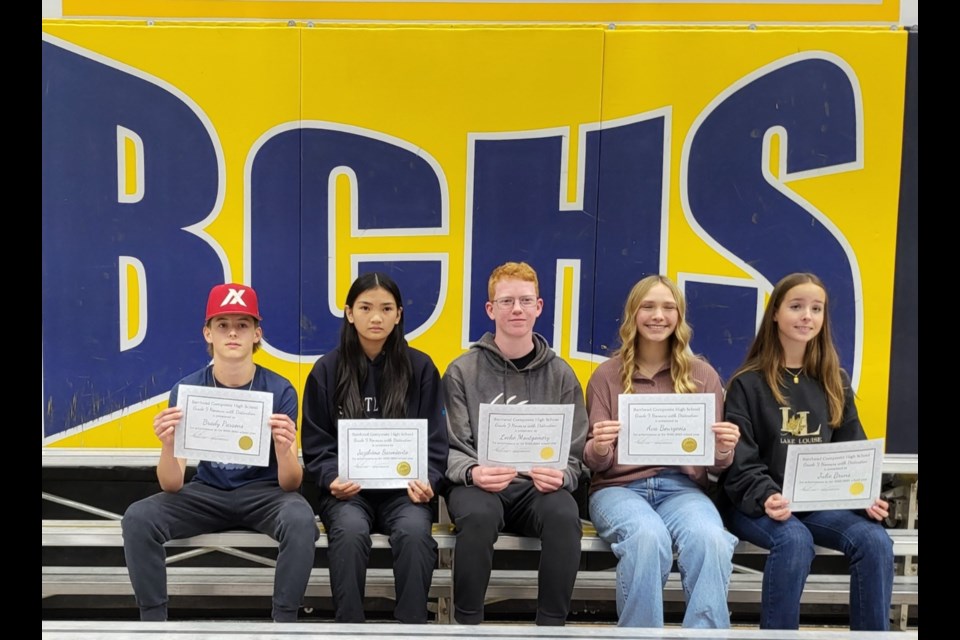 Barrhead Composite High School Grade 9 Honors with Distinction Award Winners L-R Brady Parsons, Jazshime Sarmiento, Locke Montegomery, Ava Bourgeois, and Julie Bruns. Missing James Tyrrell.  