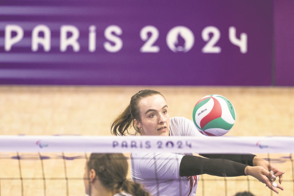 Heidi Peters bumps the ball in one of the preliminary games at the Paris Paralympic Games.