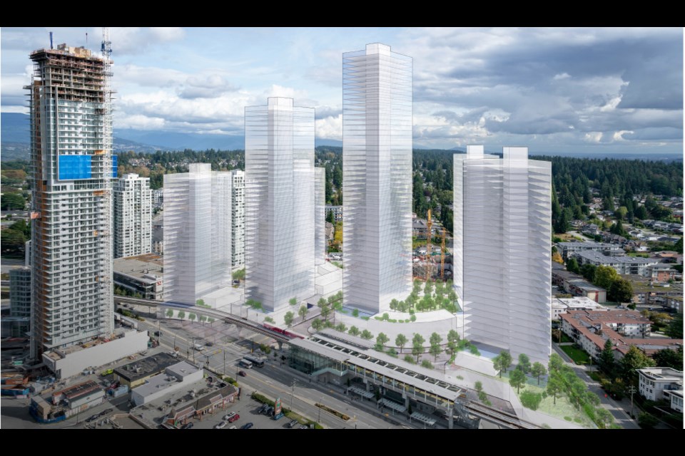 Aerial view of the new Burquitlam Plaza, looking east.