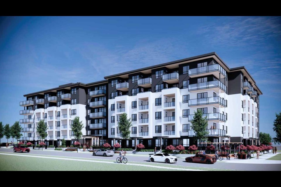 An artist rendering of Quantum Properties' proposal for a six-storey market rental building with 175 units at 619, 623 and 627 Alderson Ave., 626 and 628 Grayson Ave. and 271 Guilby St., in Coquitlam.