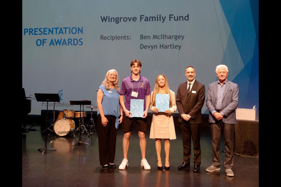 In April 2024, the Coquitlam Foundation's Carol Brodie, Craig Woods and John Wolff presented Ben McIlhargey adn Devyn Hartley with scholarships from the Wingrove Family Fund.