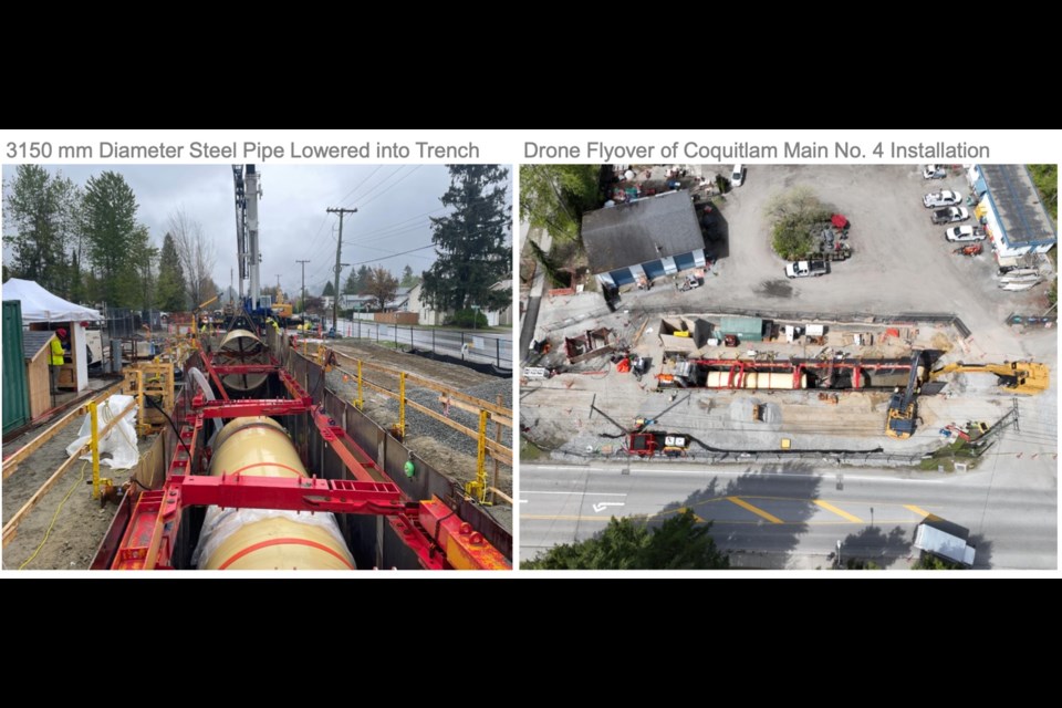 A 3,150 mm diameter steel pipe (left) is lowered into a trench along Pipeline Road in Coquitlam for the new Coquitlam Water Main #4 Project by Metro Vancouver. Right, an aerial view of the construction project.