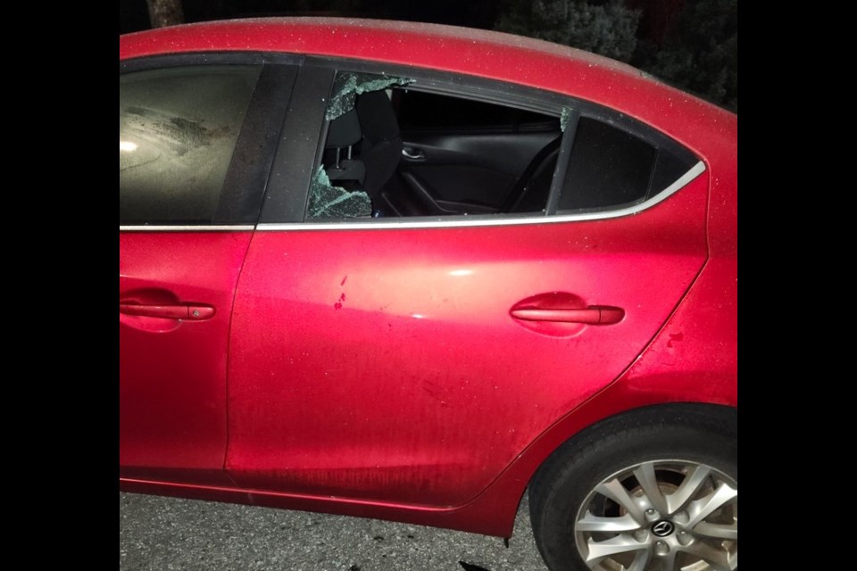 A photo of a smashed window on Heritage Mountain in Port Moody on Nov. 28, 2024.