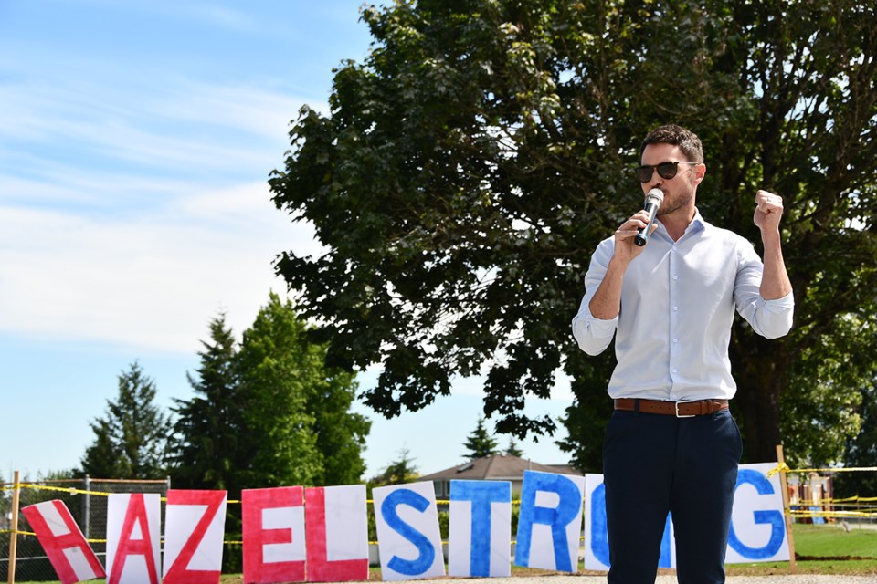 Port Coquitlam Mayor Brad West at the rally to rebuild Hazel Trembath Elementary in Port Coquitlam on June 25, 2024.
