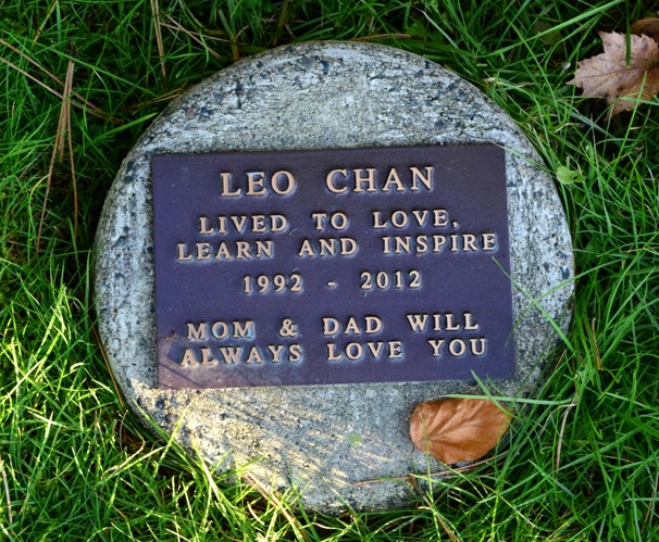 A marker for the late Leo Chan, a Pinetree Secondary School graduate who died in 2012.