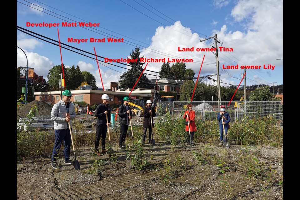 The landowners of 2239 McAllister Ave. with Port Coquitlam Mayor Brad West and Quarry Rock representatives, at a ground breaking on Oct. 1, 2021.