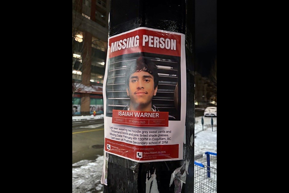 The missing signs read that Isaiah Warner was last seen at Pinetree Secondary School at 2 p.m. on Tuesday, Feb. 4.