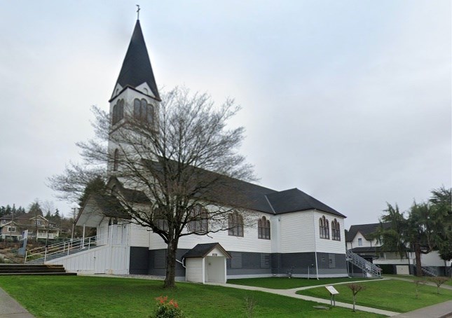 Our Lady of Lourdes Church in Coquitlam, showing the blocked basement windows.