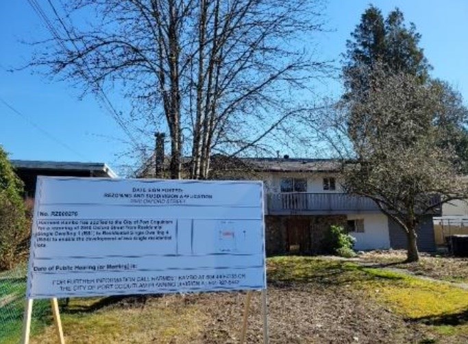 The development sign is up for the proposed rezoning of 2940 Oxford St., Port Coquitlam.