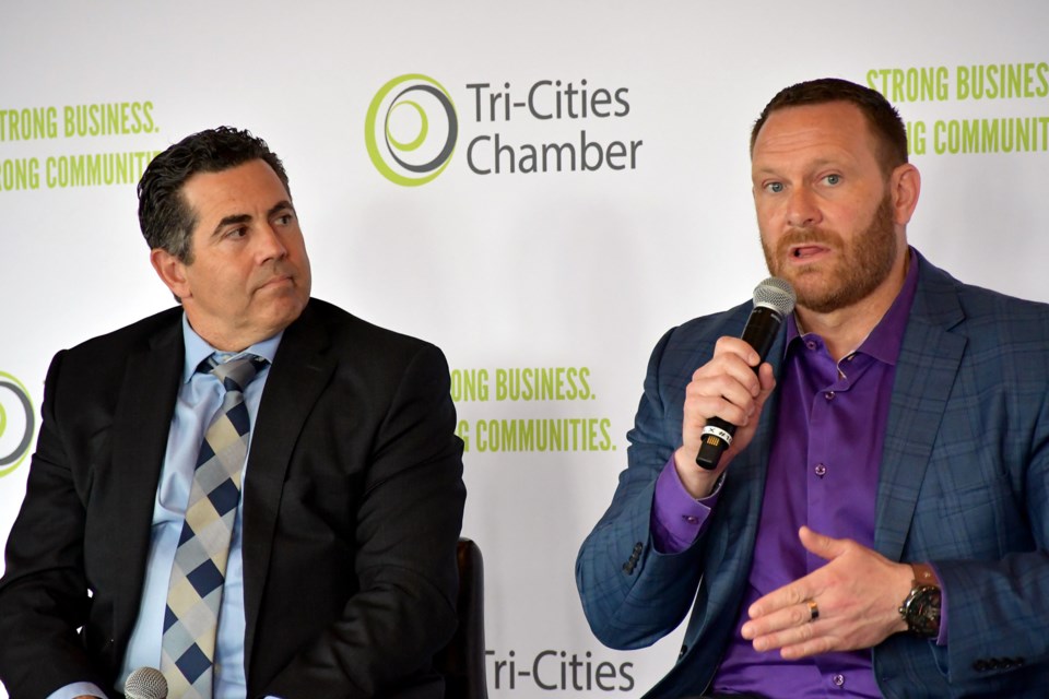 Coquitlam city manager Raul Allueva (left) with Trevor Koot, CEO of the BC Real Estate Association, at the Tri-Cities Chamber of Commerce Economic Summit 2024, on May 14, 2024.