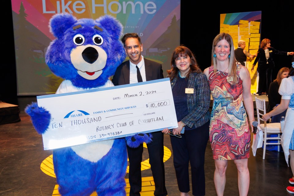 The Rotary Club of Coquitlam donated $10,000 to Claire MacLean of SHARE at the nonprofit's Imagine gala in 2024. The fundraiser brought in $250,000 for the social services agency.