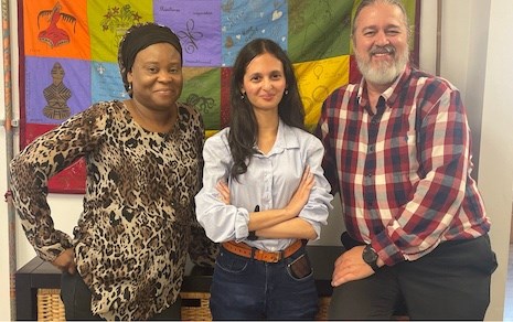 Société francophone de Maillardville's Pooja Parsan with administrative staff Rokia Kone and Jean-Pierre Charland.