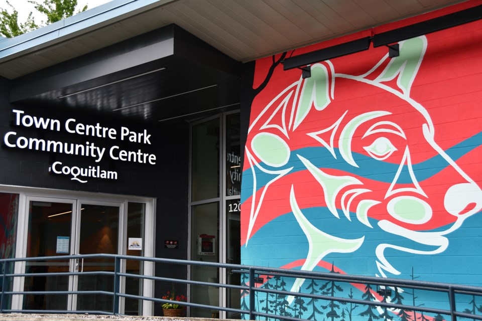 The kʷikʷəƛ̓əm (Kwikwetlem) First Nation mural up at Town Centre Park Community Centre in Coquitlam. "Ancestral Legacy" was painted by the Raven–Tacuara collective.