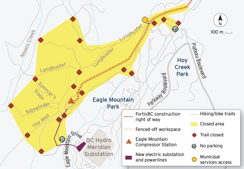A map showing the Eagle Mountain - Woodfibre Gas Pipeline Project, which stretches from Coquitlam to Squamish.