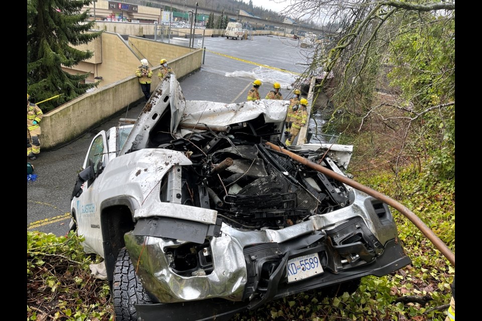 "The front end looked like a porcupine, it had so many poles sticking out of it," said Fox of Coquitlam Fire and Rescue after a pickup plunged on an embankment Friday afternoon near Lougheed Highway and North Road.
