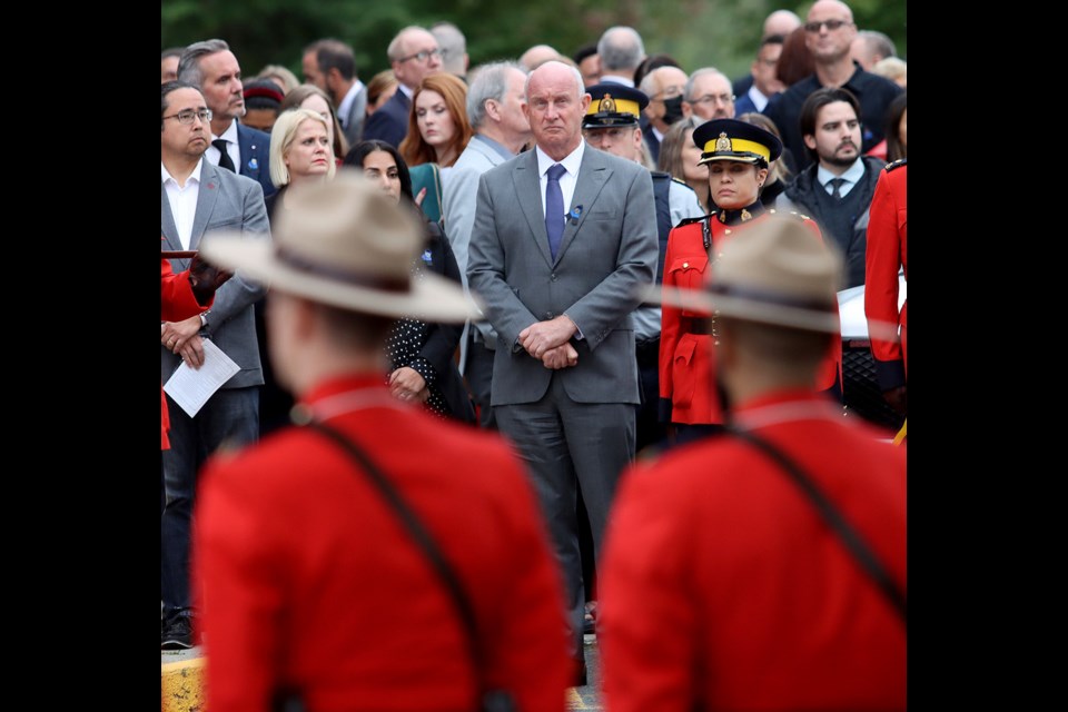 British Columbia's public safety minister Mike Farnworth, who is also the MLA for Port Coquitlam, attends the regimental funeral for Ridge-Meadows RCMP Const. Rick O'Brien, at the Langley Events Centre.