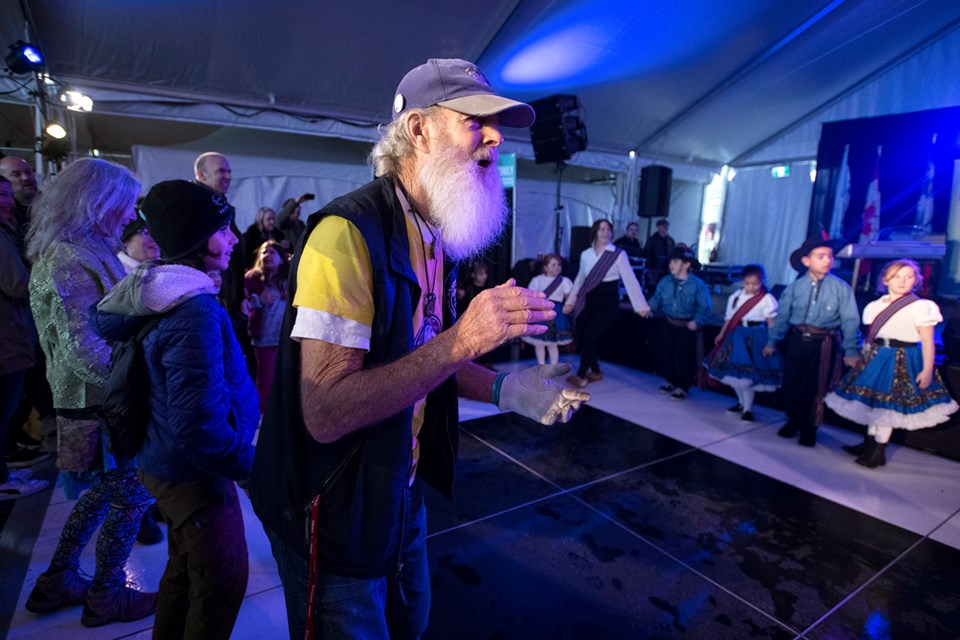 Rowe Greywolf dances along to the Métis Jiggers at Festival du Bois in 2024.


