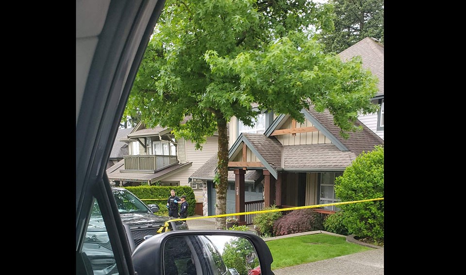 Police tape around Trina Hunt's Port Moody home on June 5, 2021, as her homicide investigation continues.