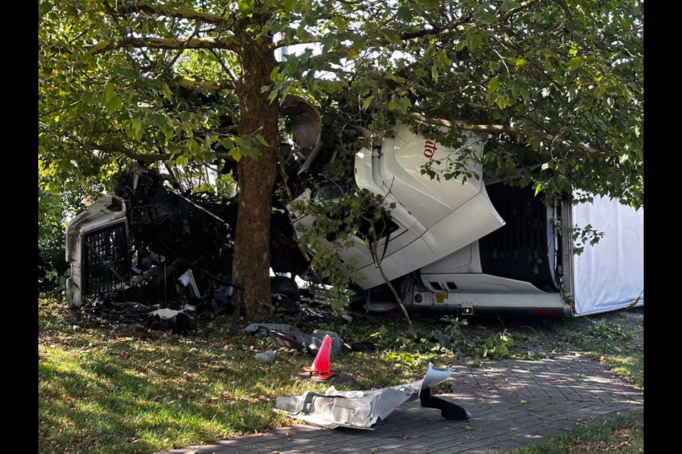 Two people were taken to hospital following a morning multi-vehicle crash in Port Coquitlam on Aug. 12, 2023, involving a semi-truck.