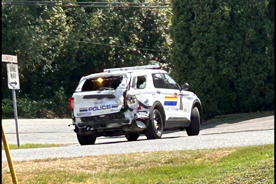 An unoccupied Mission RCMP vehicle was allegedly rammed as officers from Coquitlam RCMP's Strike Force property crime team tried to stop a stolen van linked to a theft from a Port Coquitlam business that had been tracked to Mission.