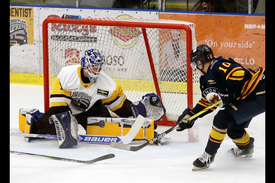 Vernon Vipers forward Jakub Galnor scores the opening goal on Coquitlam Express goalie Andrew Ness in the first period of their BC Hockey League game, Wednesday at the Poirier Sport and Leisure Complex.