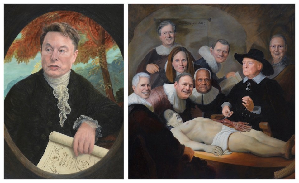 Metro Vancouver artist Alex Sandvoss depicts billionaire Elon Musk (left) and Donald Trump with the Supreme Court justices (right).  