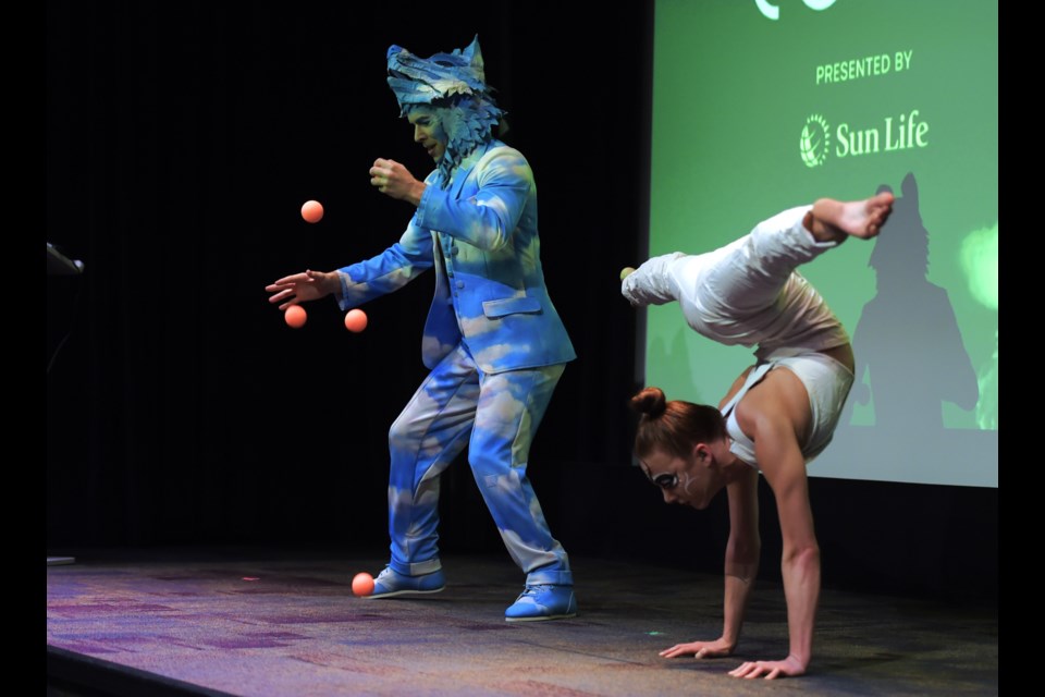 Juggler Henrik Veres and contortionist Penelope Elena Scheidler perform at a preview for Cirque de Soleil's new show Echo coming to Vancouver in October.