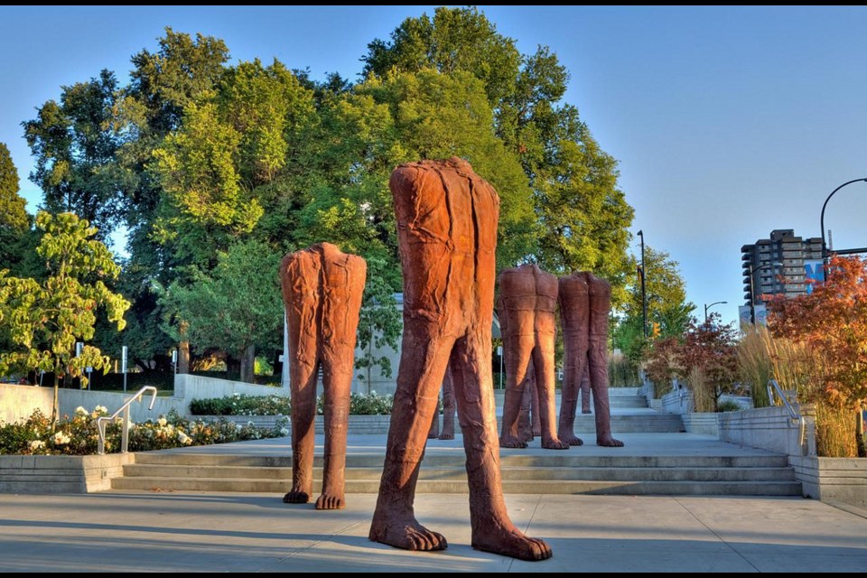 The Headless Walking Figures were created by sculptor Magdalena Abakanowicz, installed by the Vancouver Biennale at the City Hall Canada Line Station. 