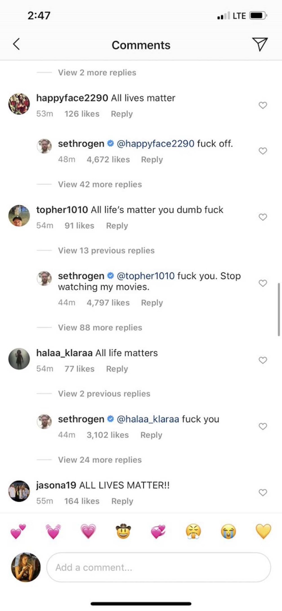 Seth Rogen blasts Instagram followers criticizing Black Lives Matter support