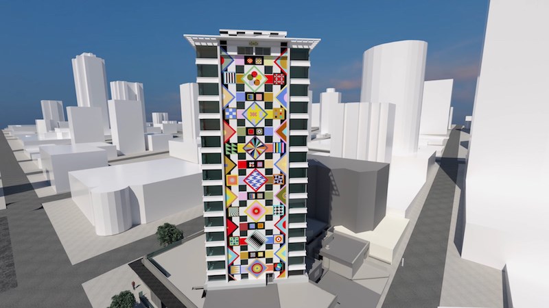 A rendering shows the exterior of 1770 Davie Street featuring artwork by Douglas Coupland