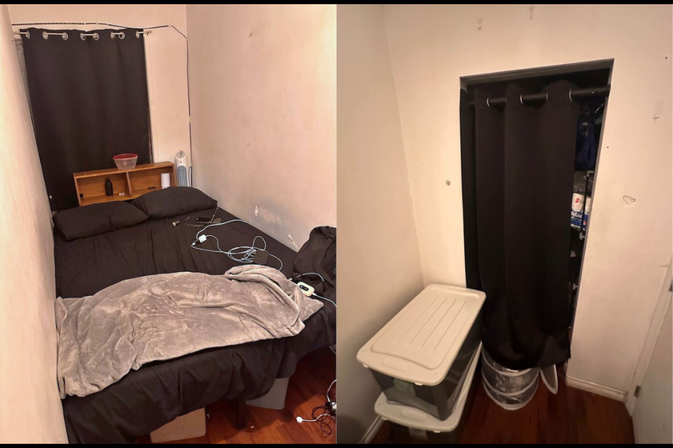 Photos from a listing for a room to rent in Vancouver show a tiny bedroom renting for $700.