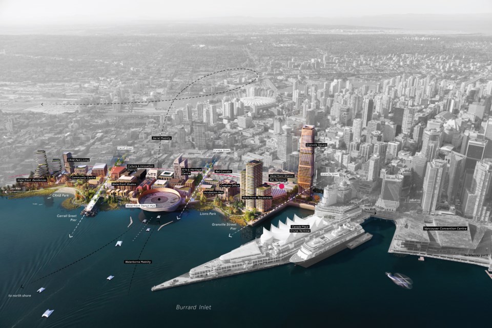 A detailed conceptual design of Vancouver's central waterfront east of Canada Place with helicopter pads, parks and new homes.