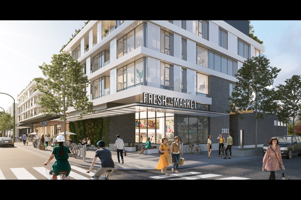 A rendering of the Kitsilano Block shows a Fresh St. Market grocery store replacing the London Drugs that had been in the original proposal with the City of Vancouver.
