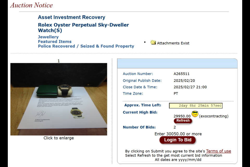 The BC government is auctioning off this Rolex Oyster Perpetual Sky-Dweller watch.