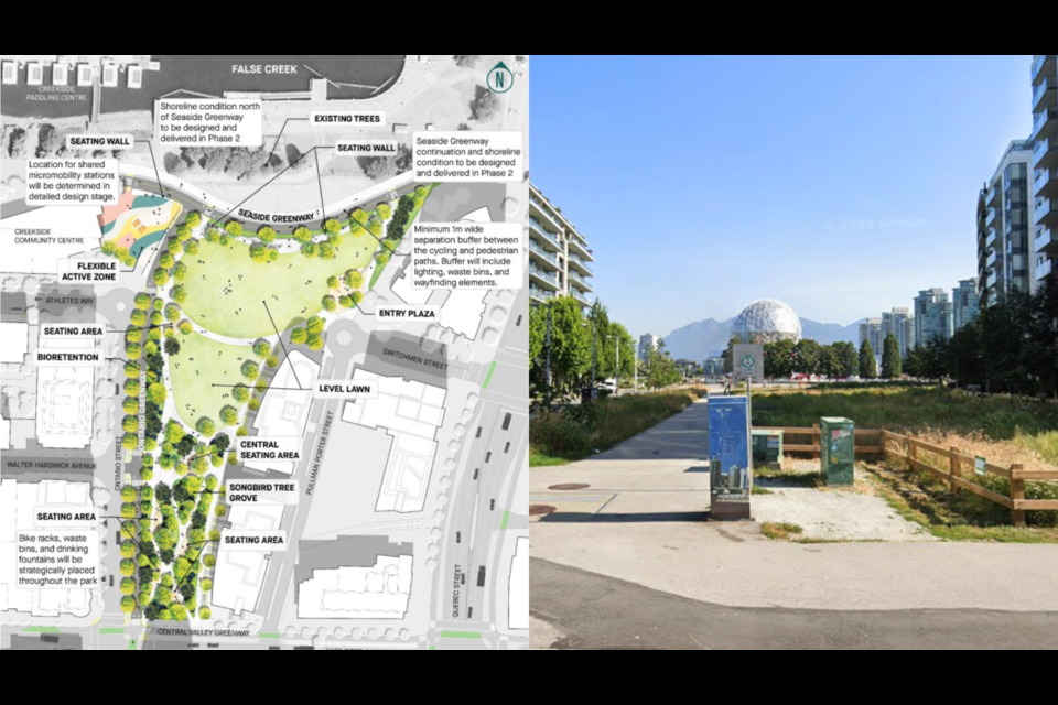 Left: Map of the concept for East Park Phase 1. Right: A Google Street View of the area as it looks in November 2024.