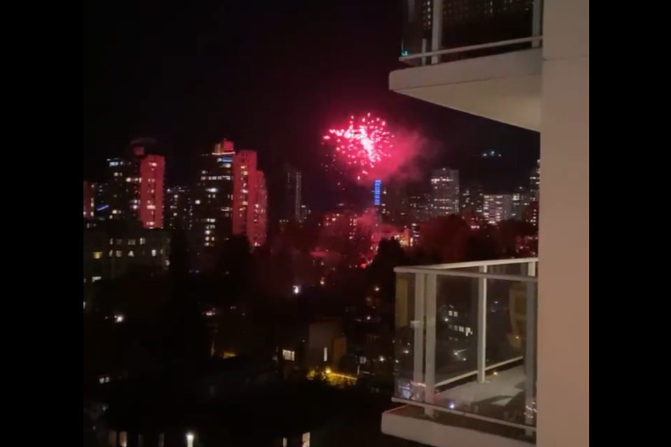 Fireworks explode over Vancouver on Halloween night, 2022.