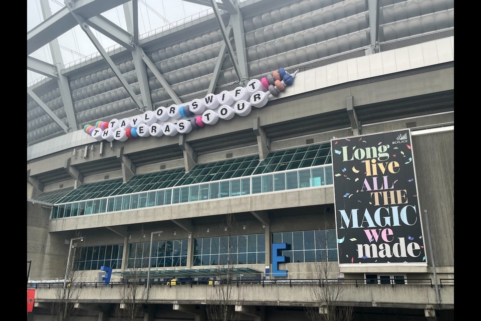 Canucks fans headed to Rogers Arena on Friday, Dec. 6 and Sunday, Dec. 8 for this weekend's home games will be next door to BC Place (pictured). With the venue hosting Taylor Swift's Eras Tour, the downtown stadium district will have street closures, passenger drop-off zones, and traffic delays. 