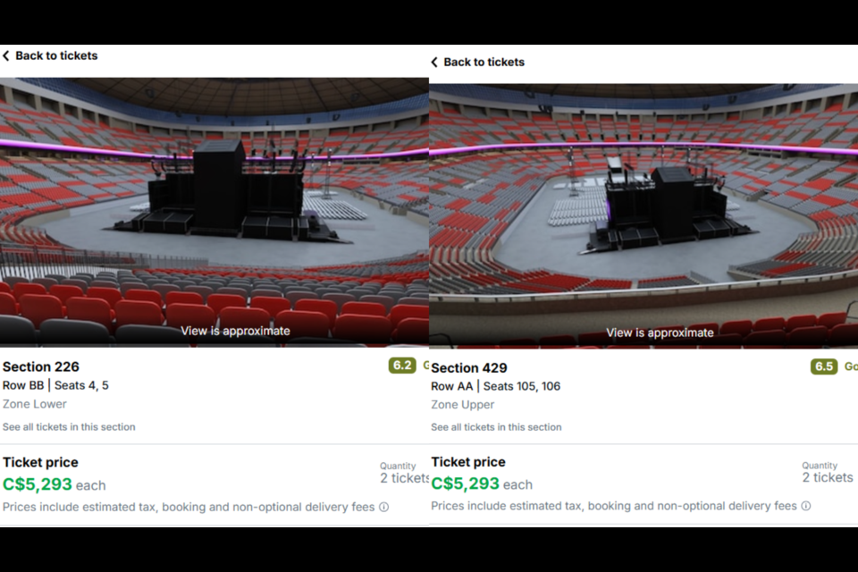 Screencaptures from StubHub show how much tickets are selling for at Taylor Swift's Eras Tour shows in Vancouver with no or extremely limited views of the stage.