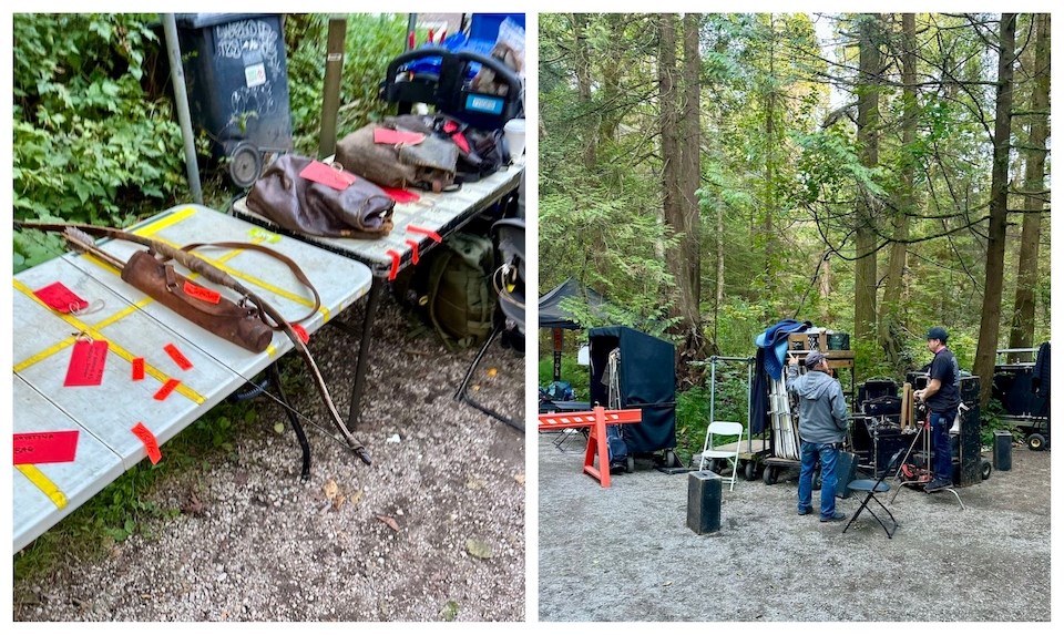 A bow and arrow and other interesting-looking props were used on the film set for HBO's "The Last of Us." The production filmed in Vancouver's Stanley Park in September 2024.